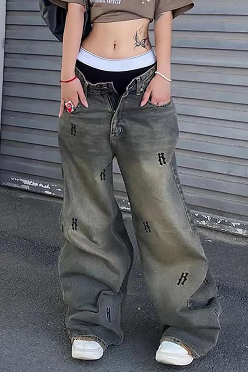Vintage Gedrukte Rechte Jeans