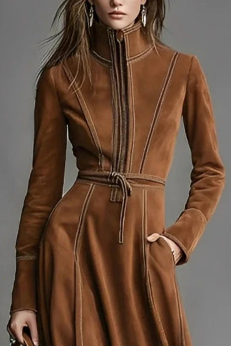 Brown Faux Suede Front Zipper Belted Elegant Maxi Dress