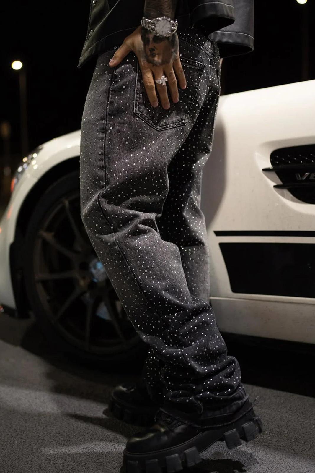 Crystal-Edged Black Flare Jeans