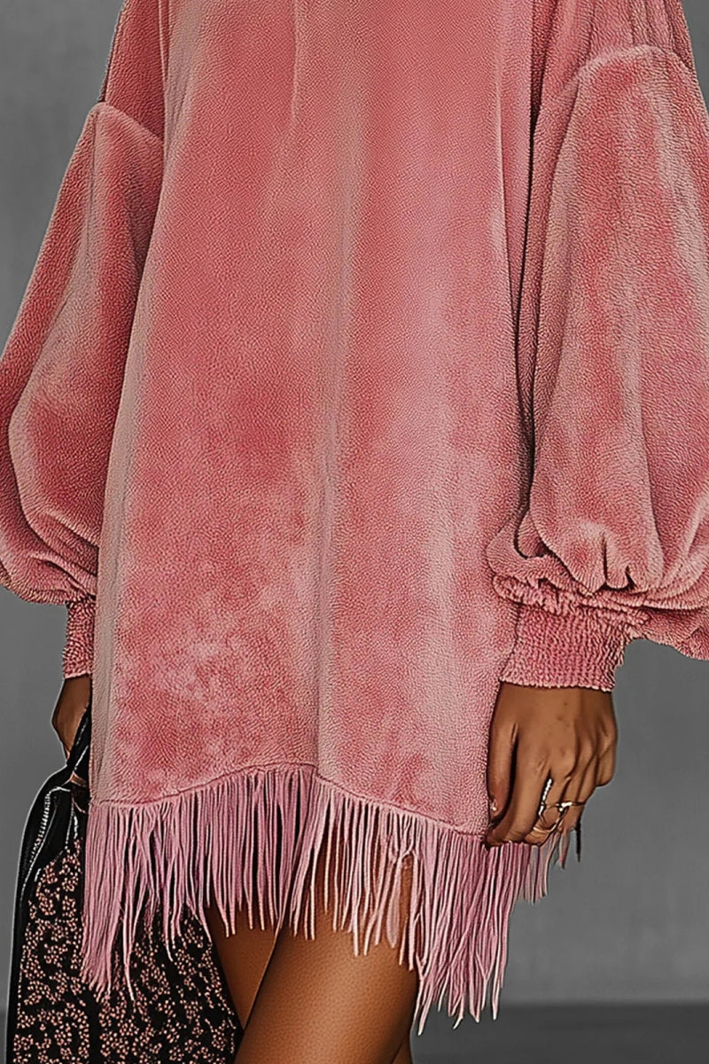 Oversized Pink Fringe Crew Neck Velvet Dress