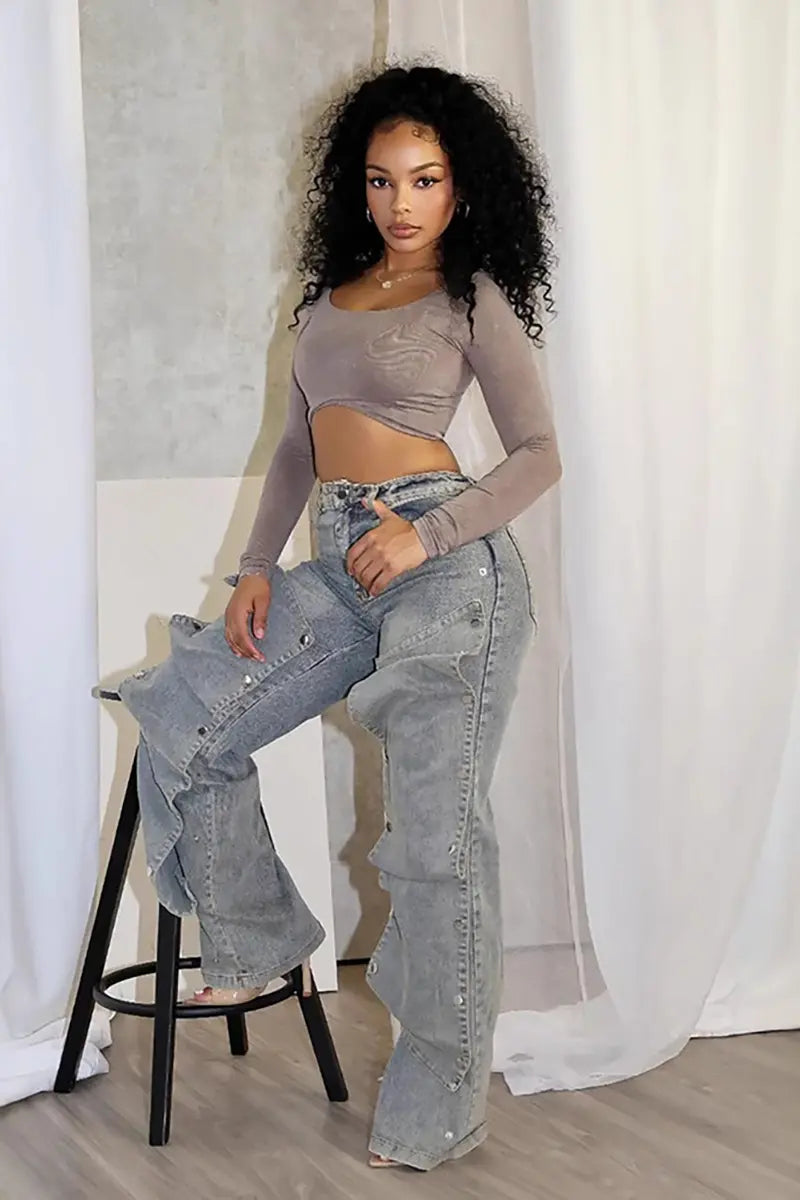 Detachable High-Waist Denim Pants