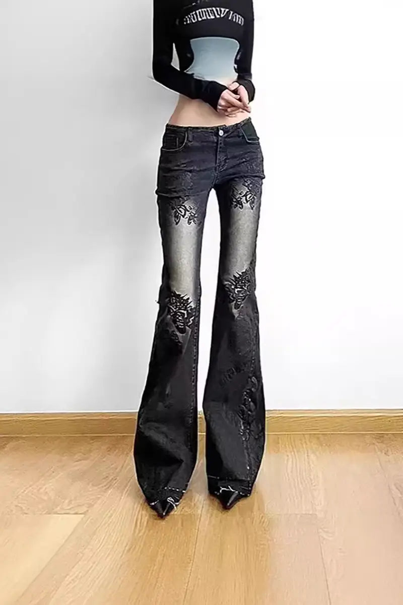 Vintage bloemen lage taille jeans