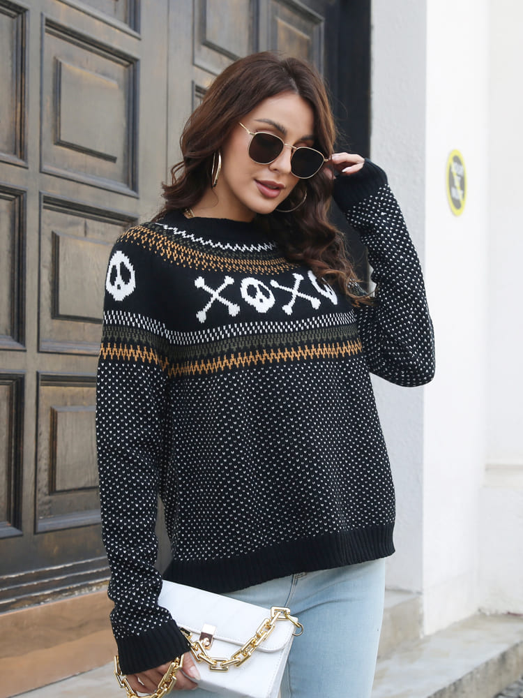 Retro Totenkopf-Muster Rundhals Strickpullover