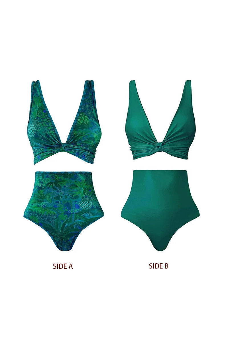 Reversible Green Print High-Waist Bikini Set