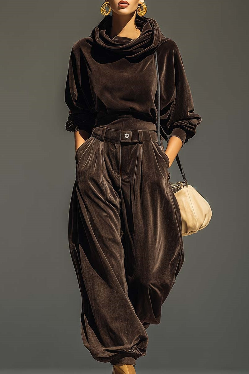 Vintage Brown Velvet Hoodie And Loose-Fitting Trousers Set(Includes Belt)