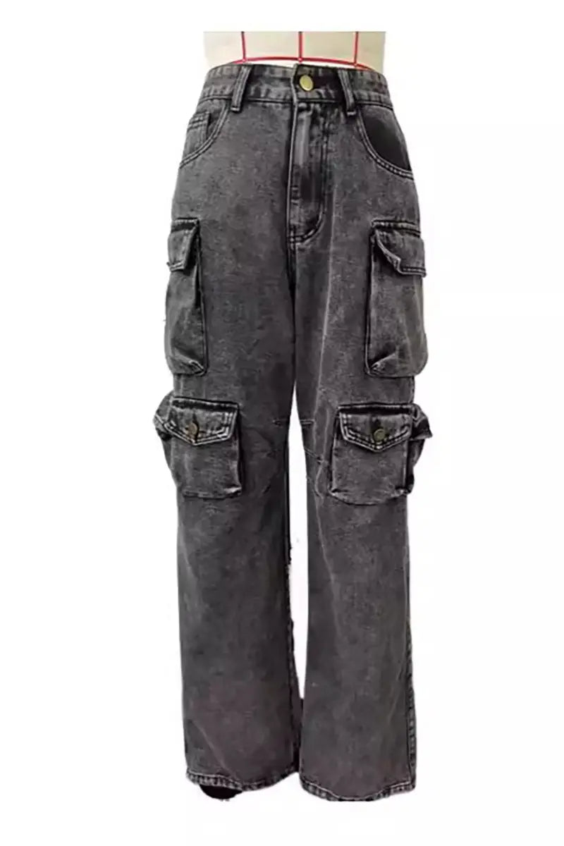 High-Waisted Cargo Jeans Trousers