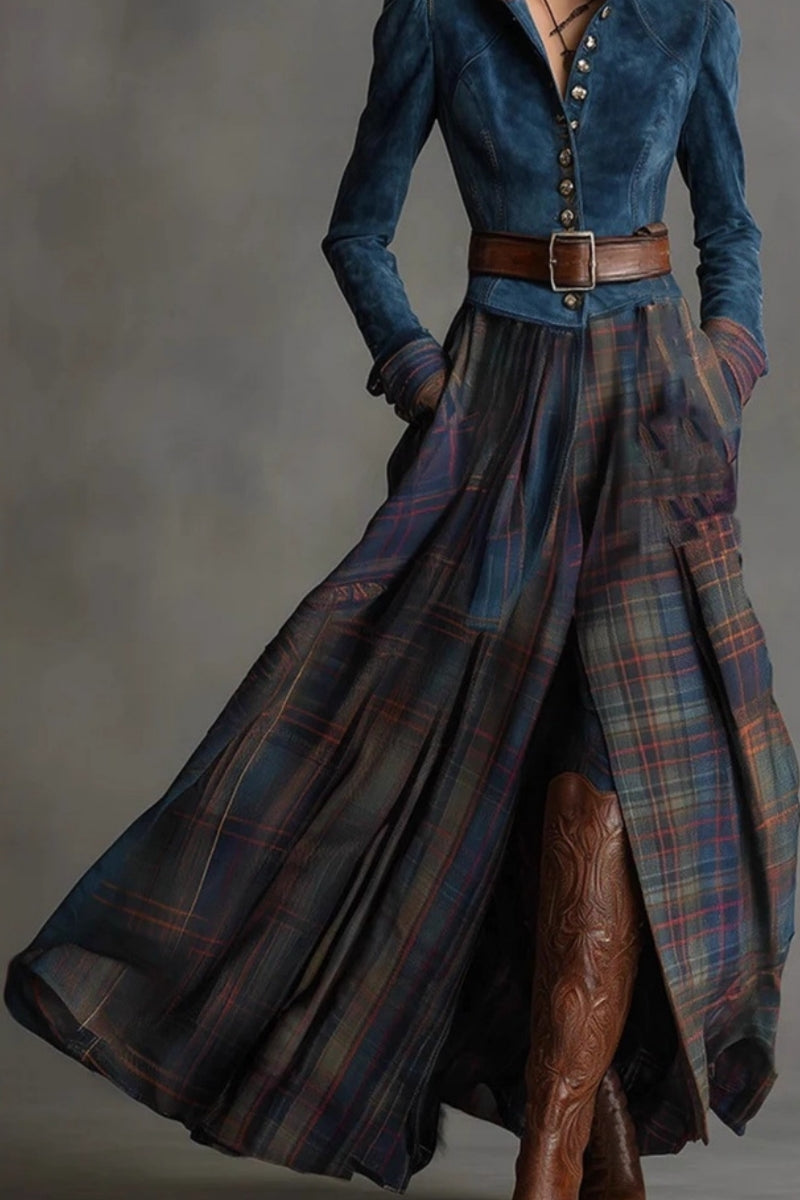 Retro Ethnic Style Blue Faux Suede Plaid Maxi Dress(Includes belt)