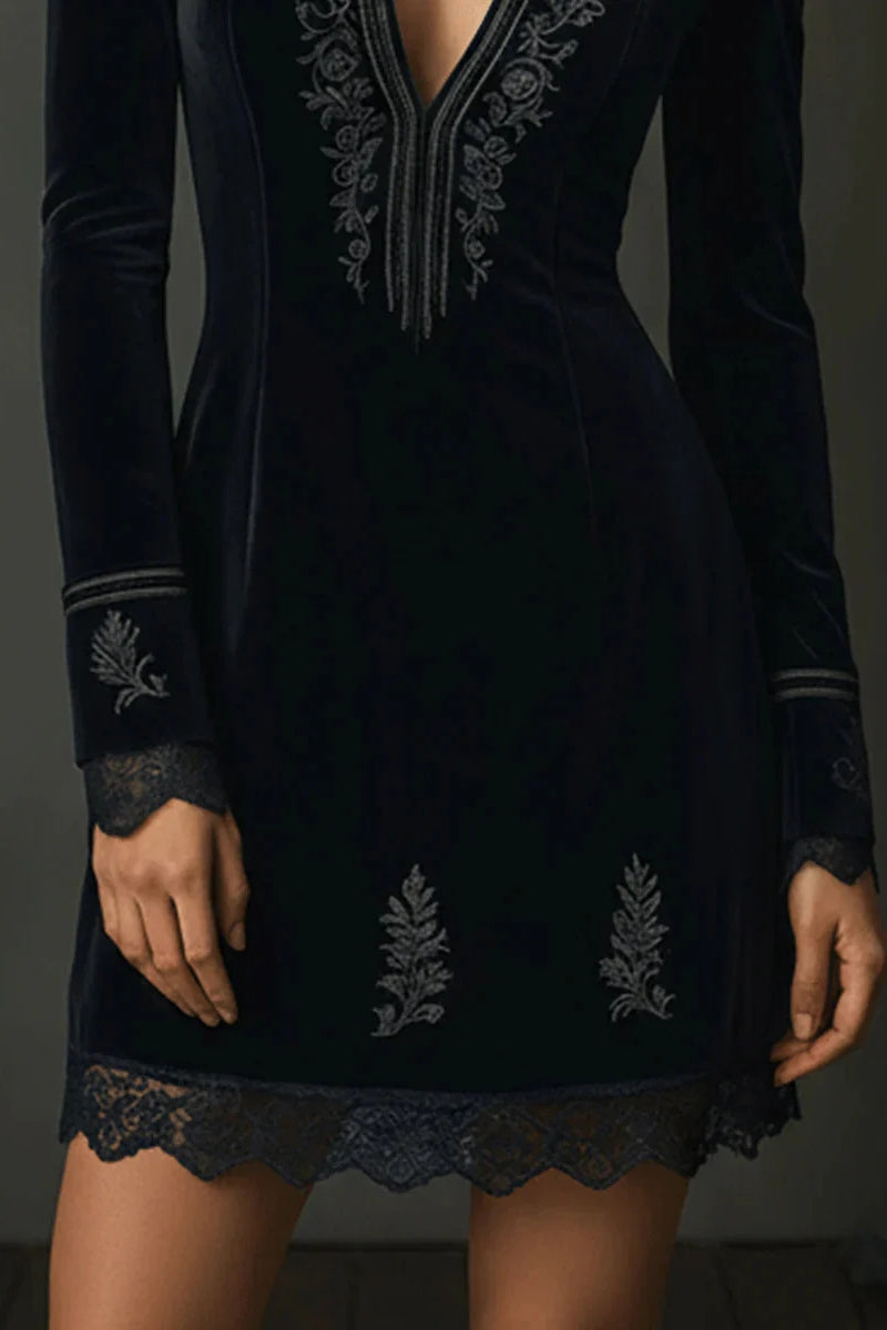 Retro Black Velvet Embroidered Lace Trim Mini Dress