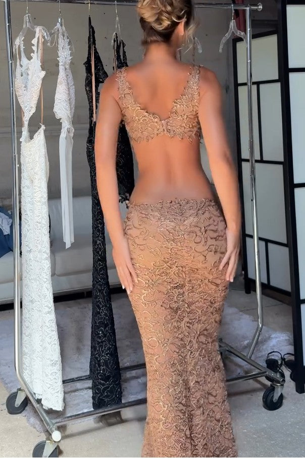 Sleeveless Plunge Neck Lace Maxi Dress