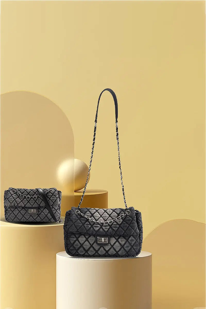 Washed Denim Quilted Chain Shoulder Bag