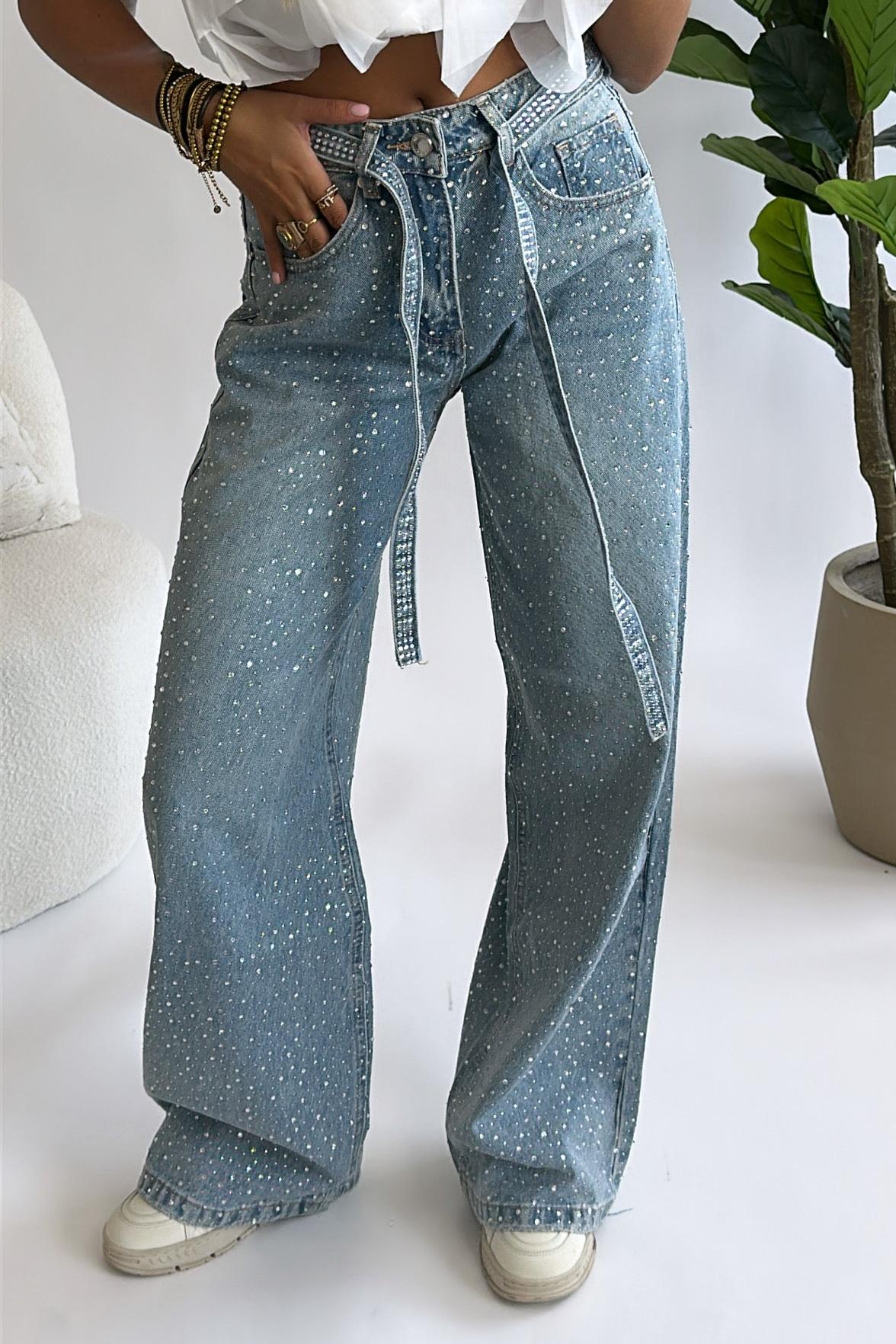 Nova Rhinestone Belted Jeans