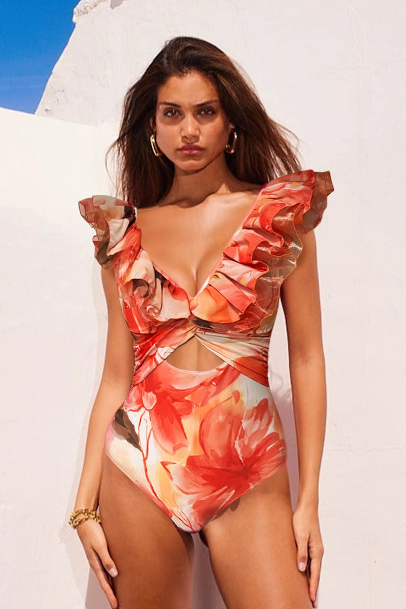 Ruffle Trim Vacation Print Swimsuit Set
