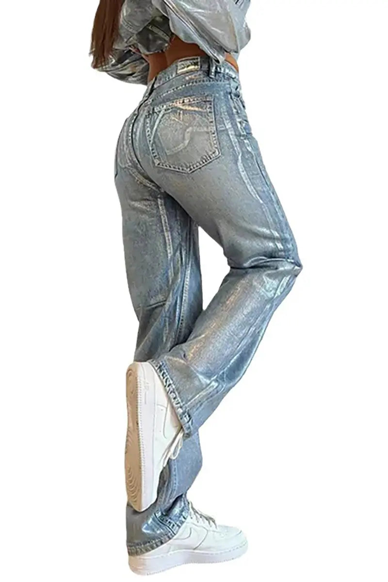 Metallic Accent Hoge Taille Jeans