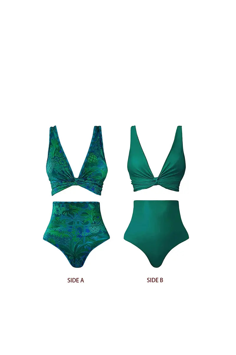 Omkeerbare groene print bikini set met hoge taille