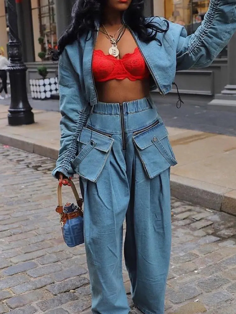 Vintage denim tweedelig met wijde pijpen