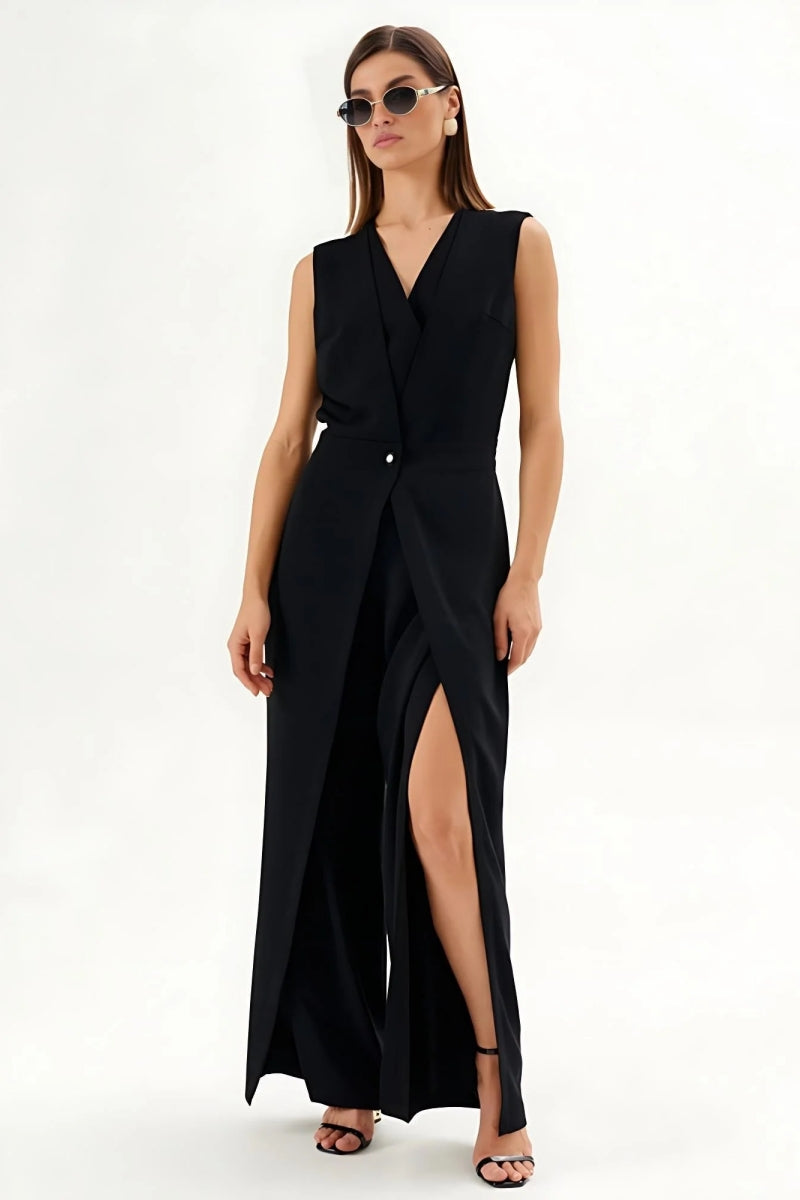 Black Sleeveless Wrap-Effect Wide-Leg Jumpsuit