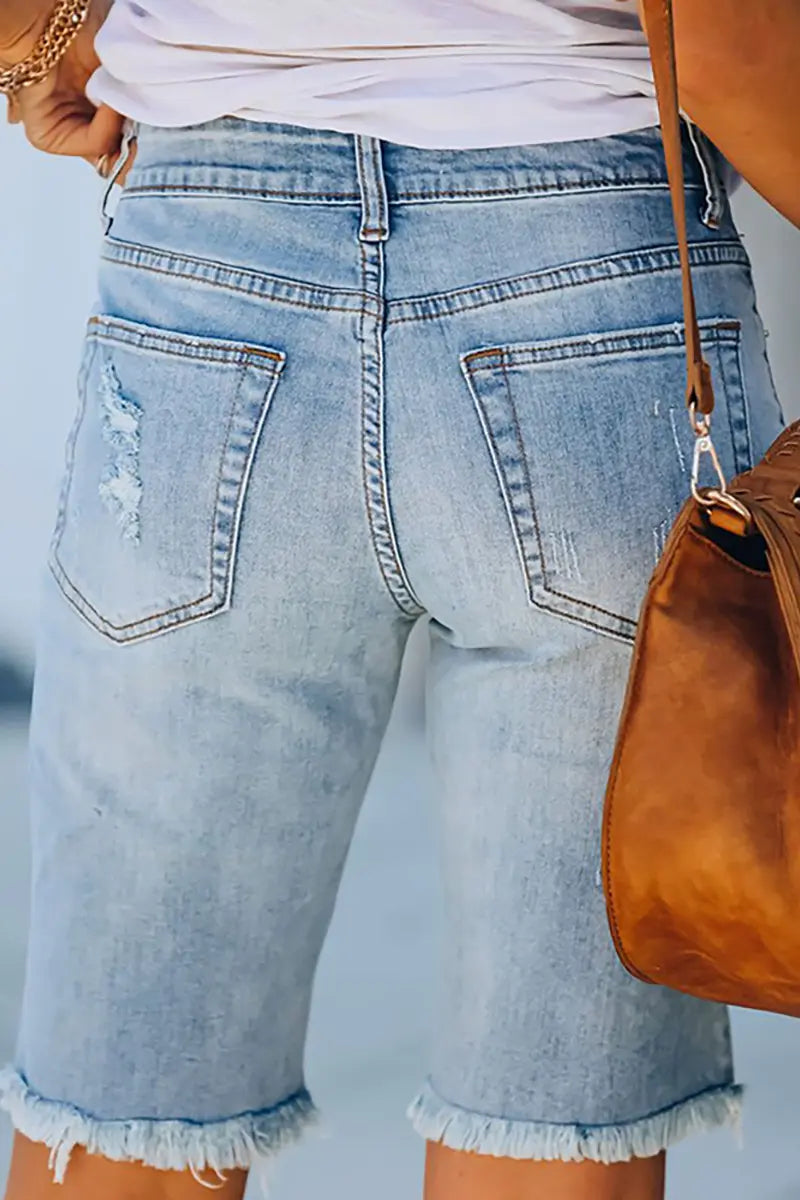 Distressed Slim-Fit Frayed Hem Denim Shorts