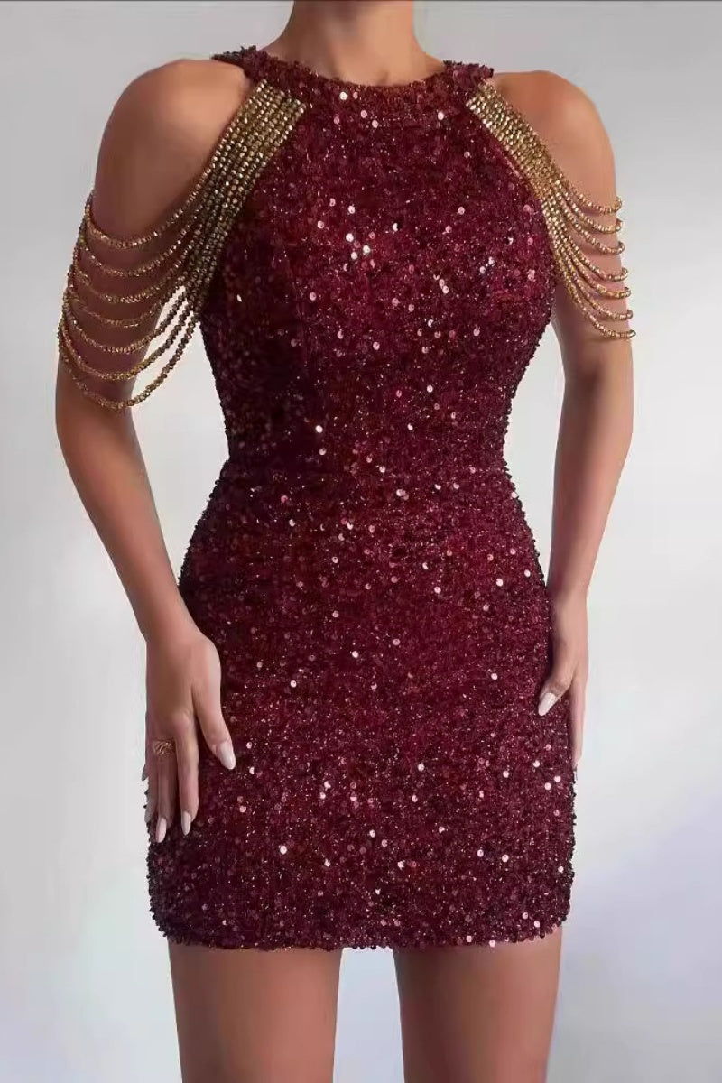 Crystal Chain Halter Sequin Gown