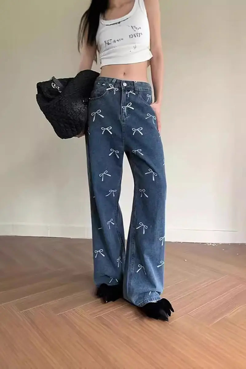 Bow Print Denim Pants
