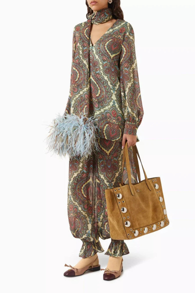 Paisley Print Relaxed Scarf Blouse & Elastic Hem Pants Set