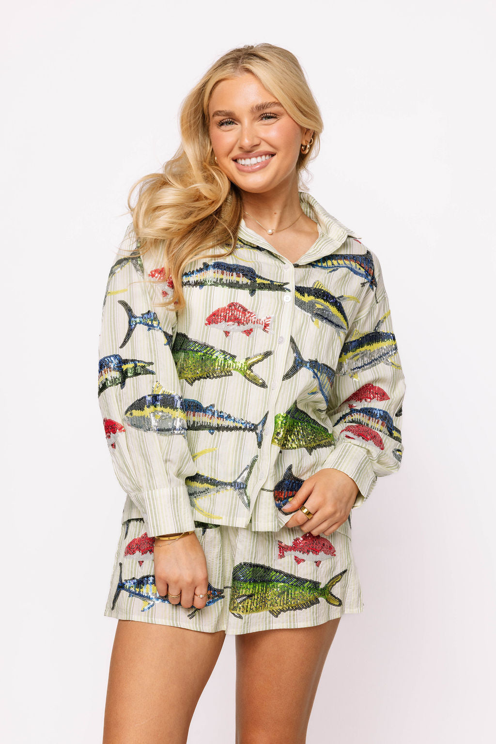 Green Stripe Multi Fish Shorts Set