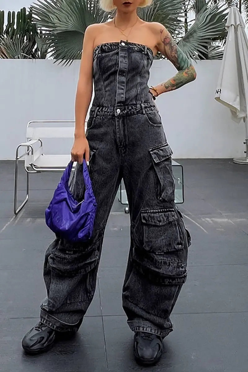 Streetstyle strapless denim jumpsuit