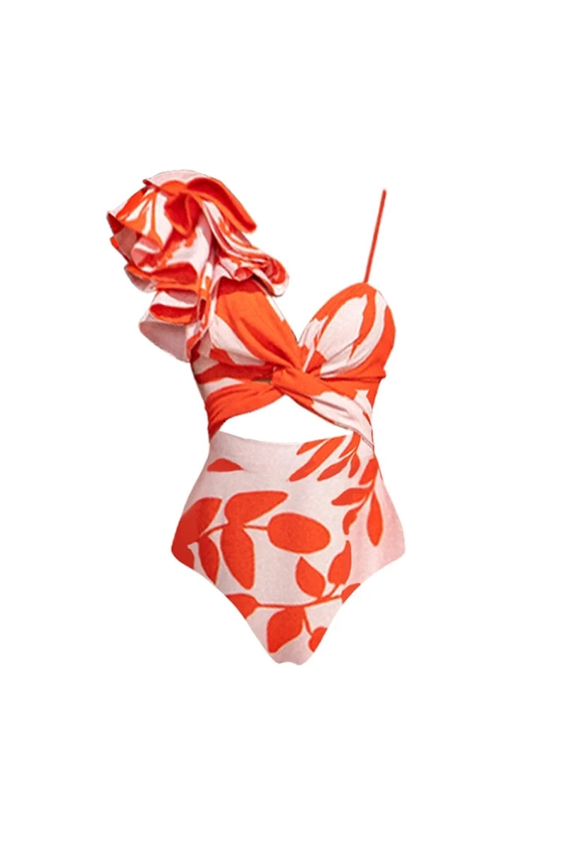 Ruffle Floral Print One-Piece Swimsuit Set