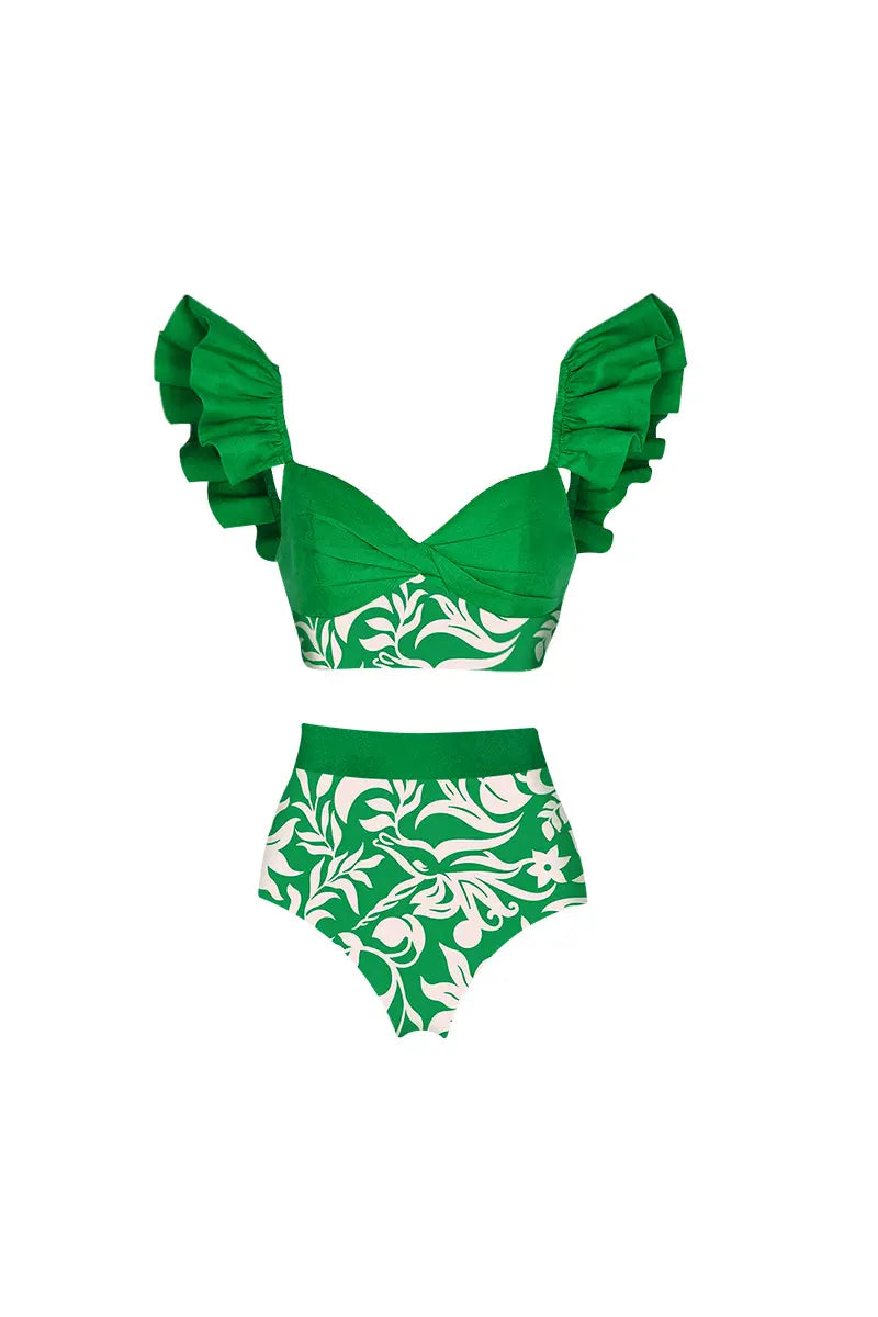 Ruffled Colorblock High-Waist Swimsuit