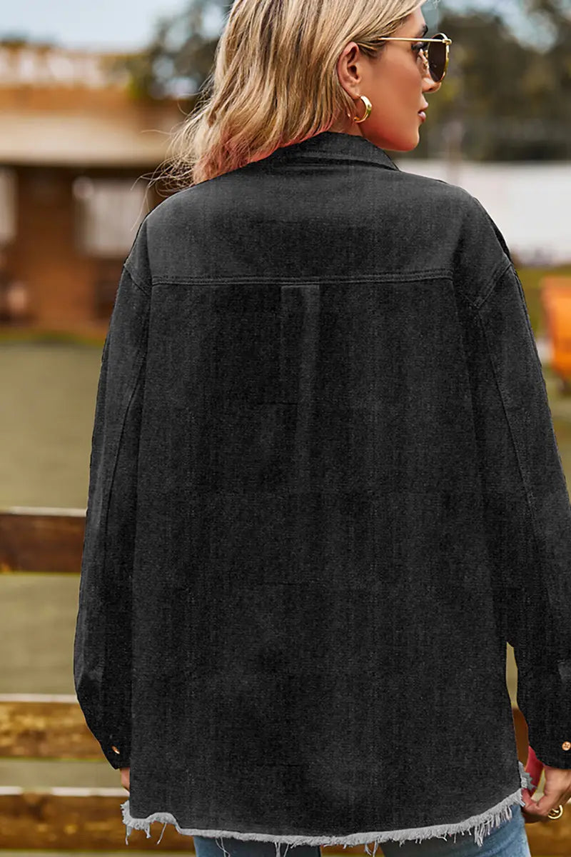 Frayed Hem Washed Denim Fringe Shirt