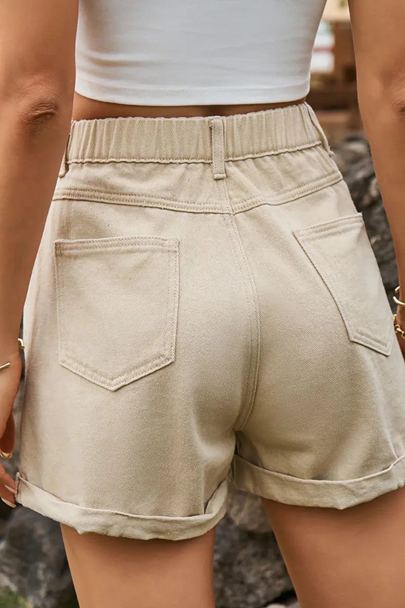 Maraming Gamit na Denim Shorts na may Elastikong Baywang