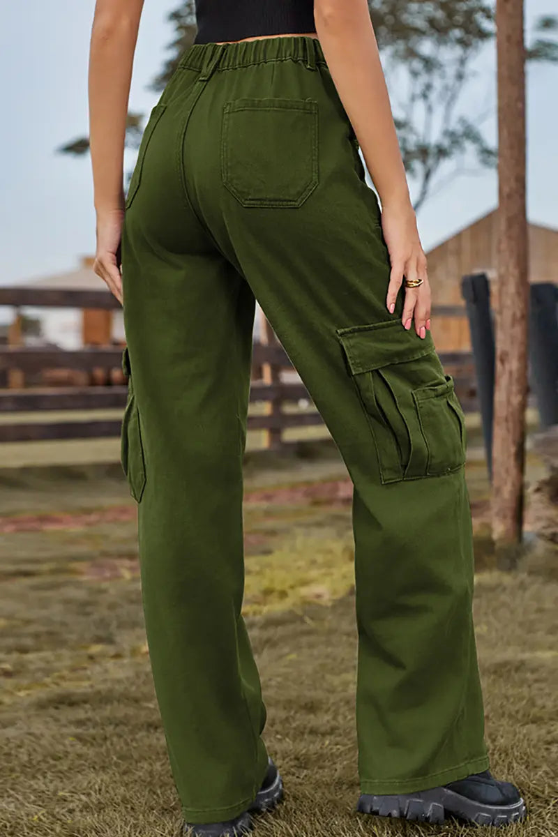 American Style Elastic-Waist Denim Cargo Pants