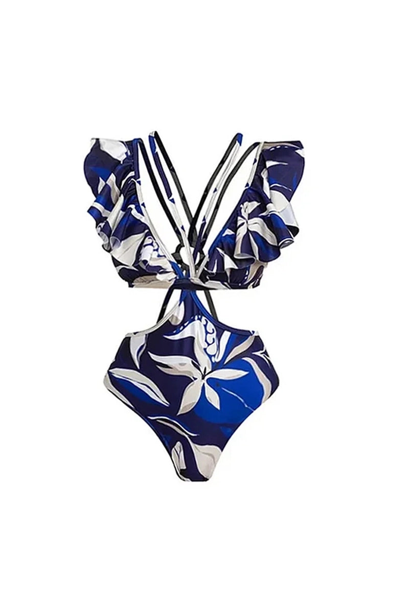 Off-shoulder monokini met striklint, print en uitsnijding