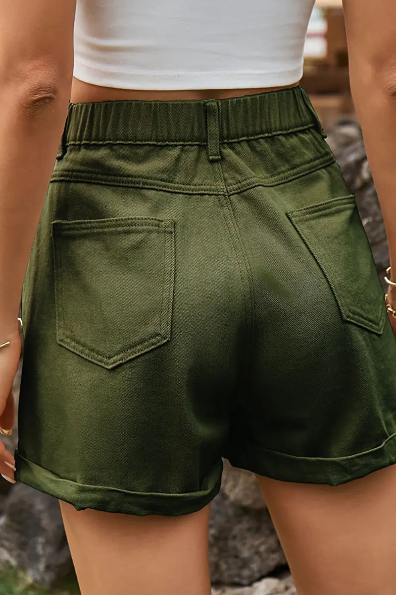 Maraming Gamit na Denim Shorts na may Elastikong Baywang