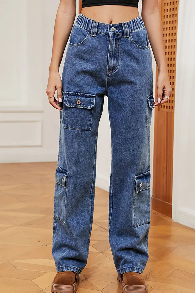 Gewassen semi-elastische ontwerp denim cargobroek