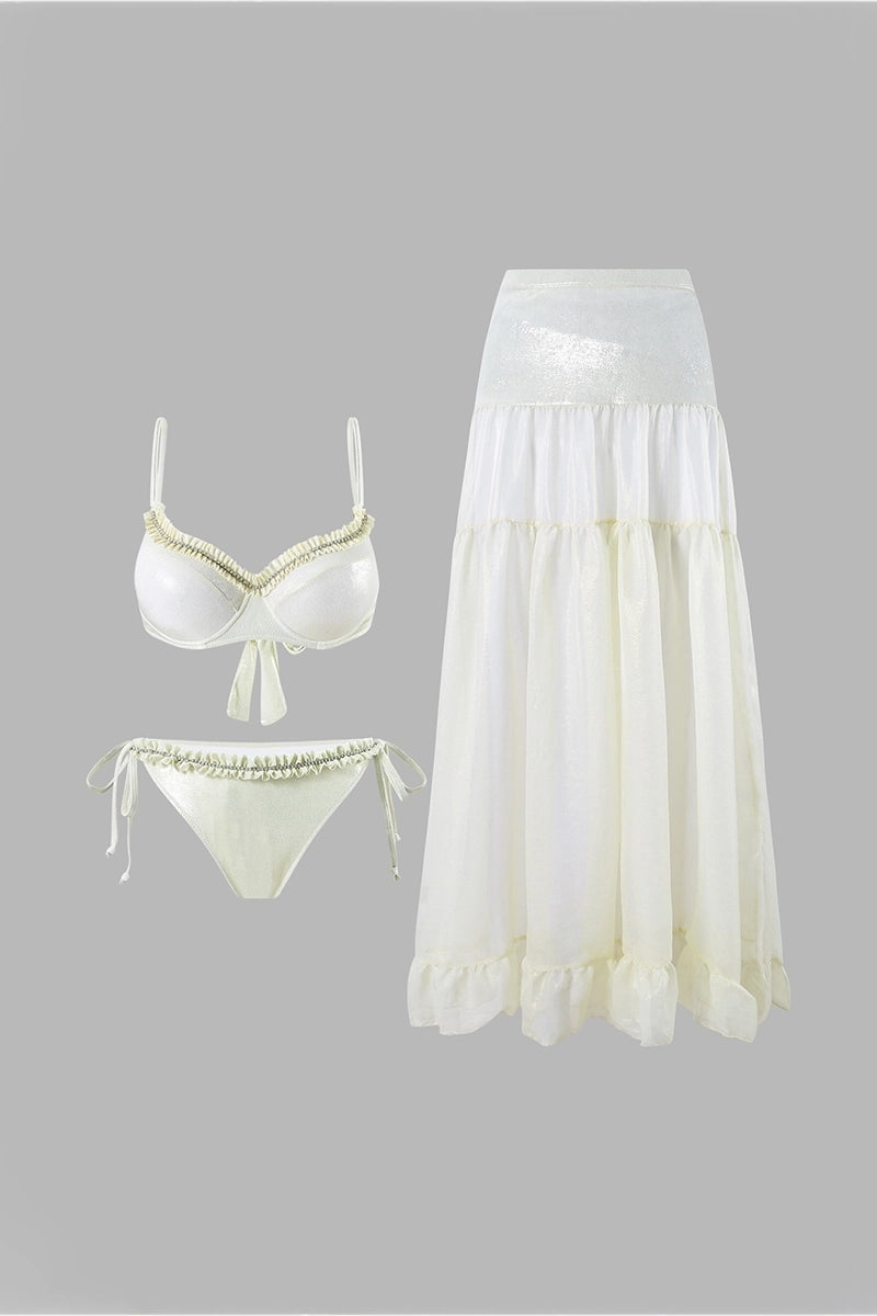 Gerimpelde strikkoord glanzende witte bikini set