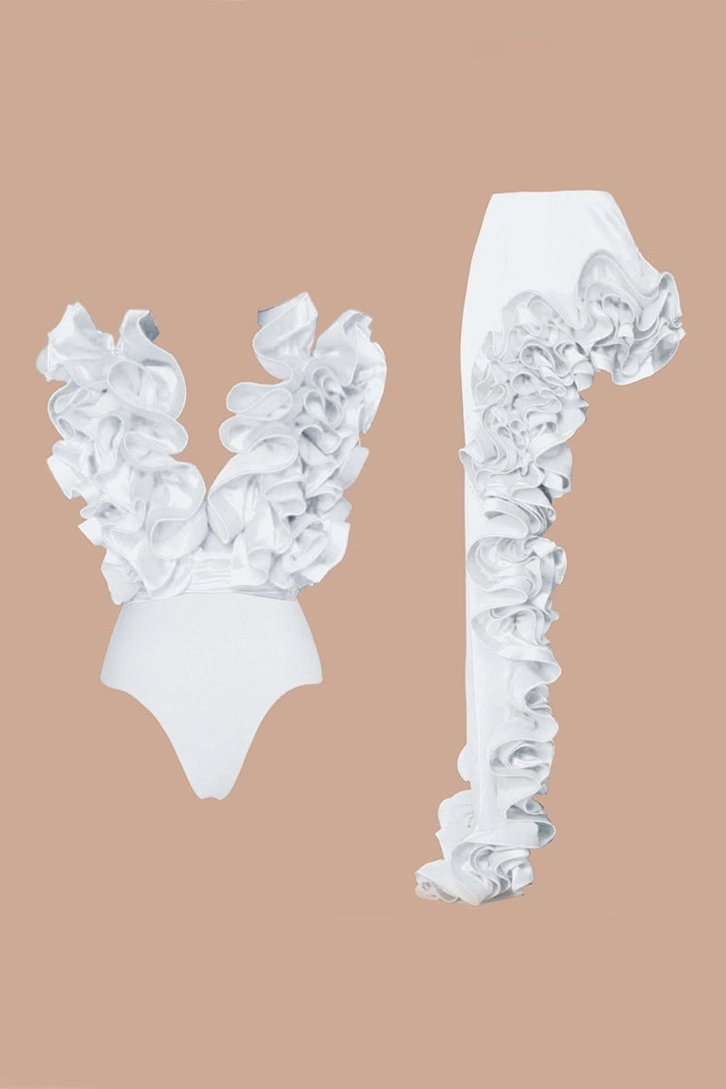 Witte V-hals badpak met ruches