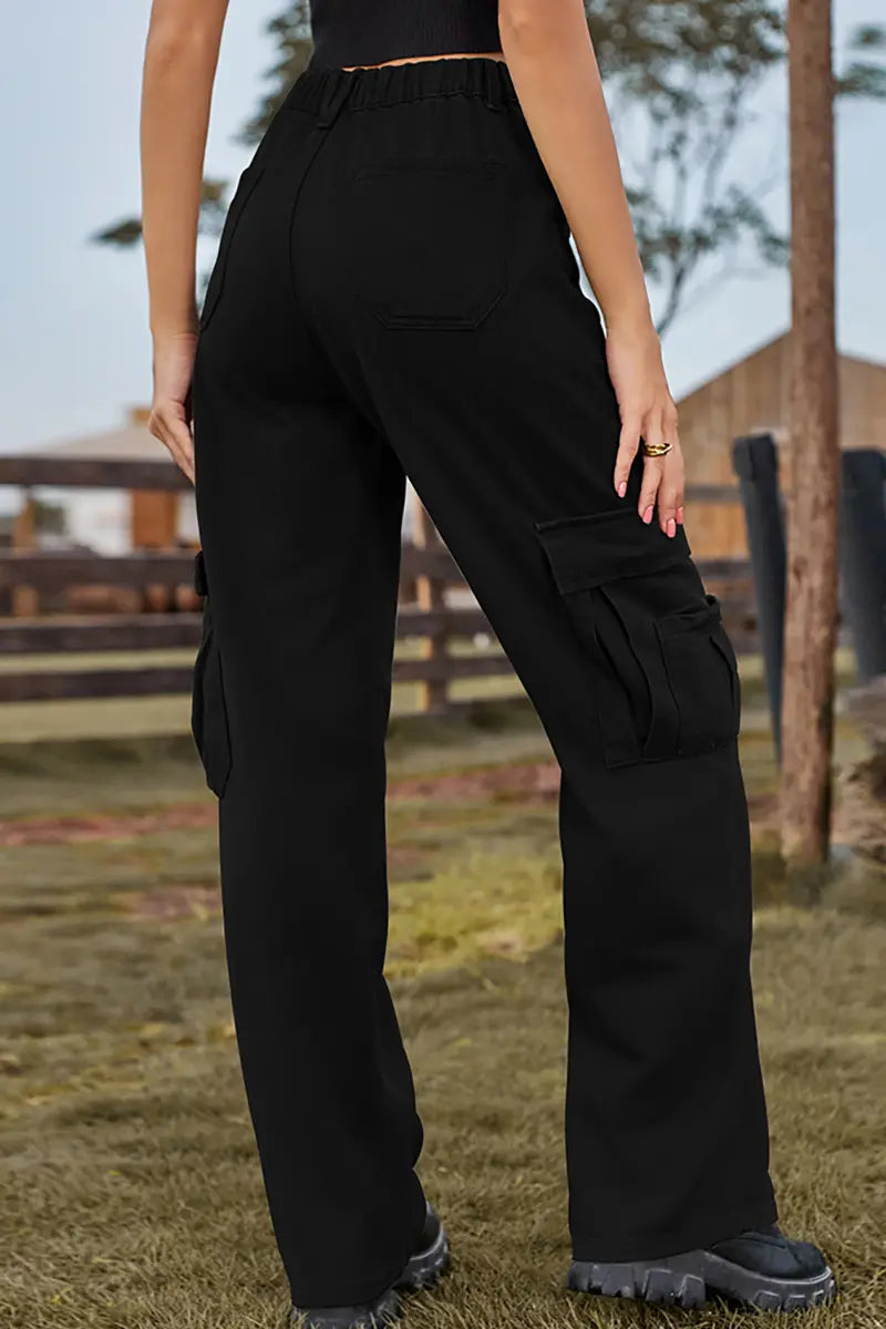 American Style Elastic-Waist Denim Cargo Pants