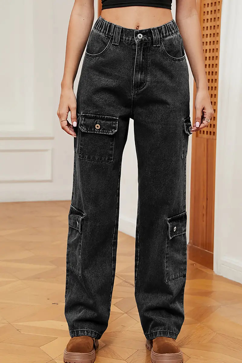 Gewassen semi-elastische ontwerp denim cargobroek