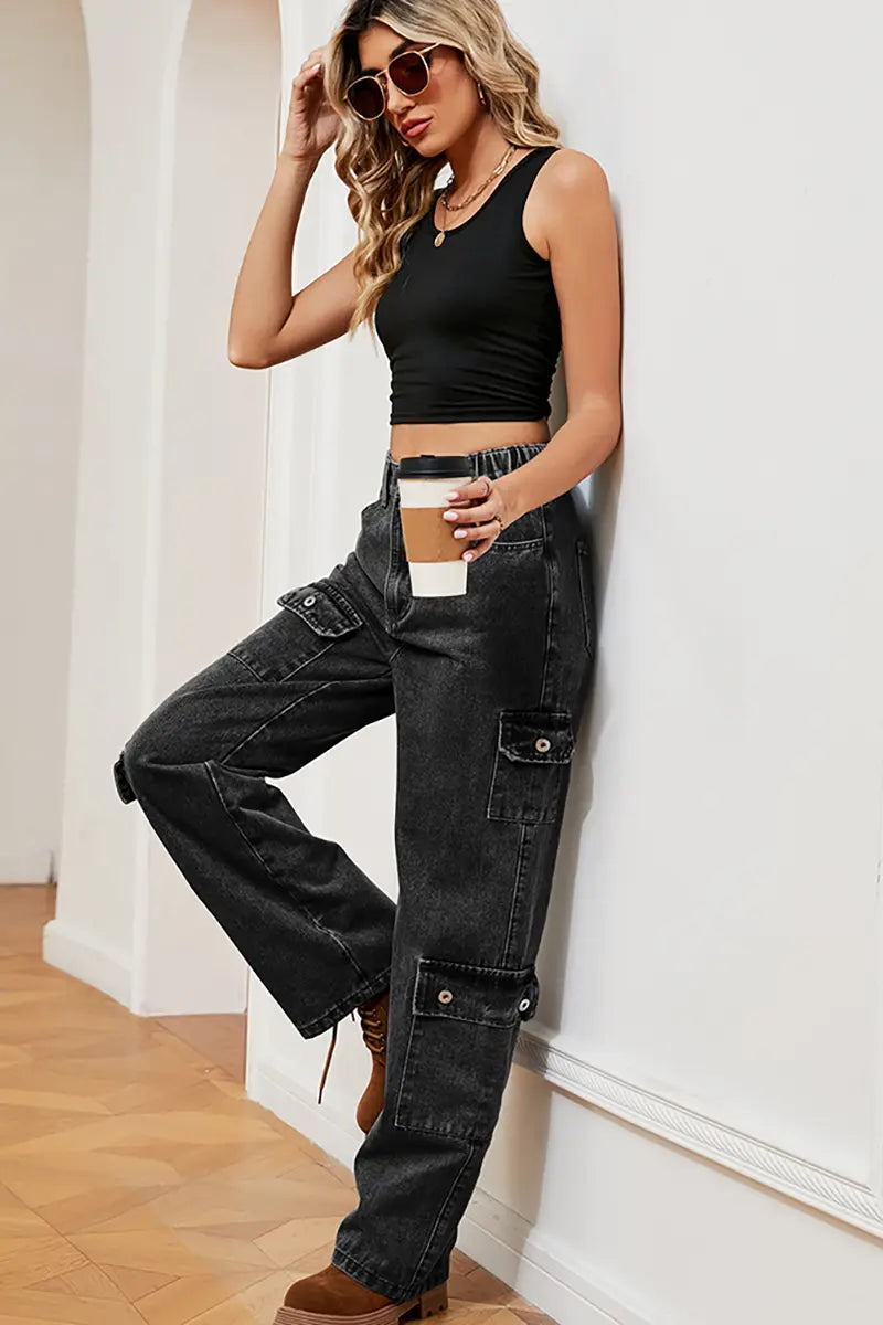 Gewassen semi-elastische ontwerp denim cargobroek