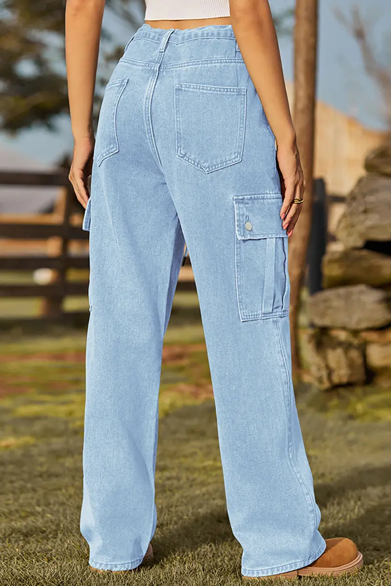 Adjustable Drawstring Washed Denim Cargo Pants