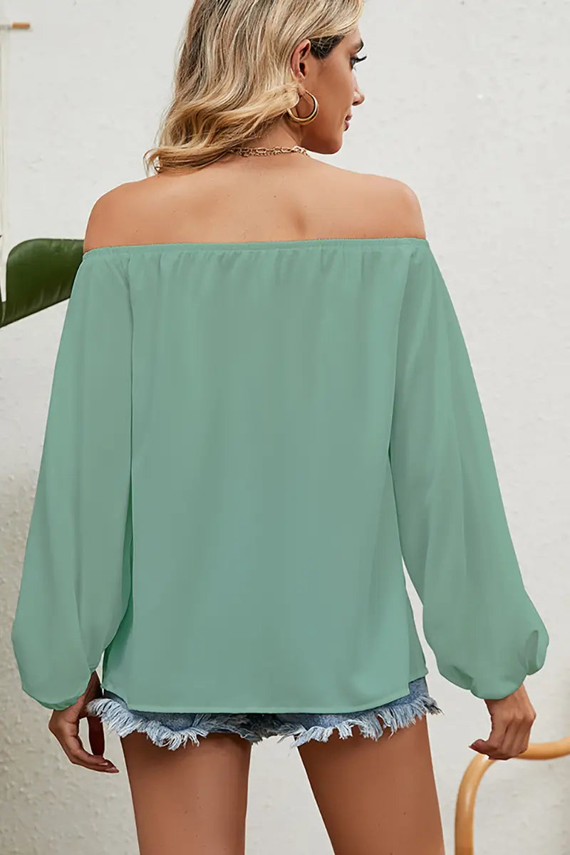 Off-shoulder effen chiffon blouse