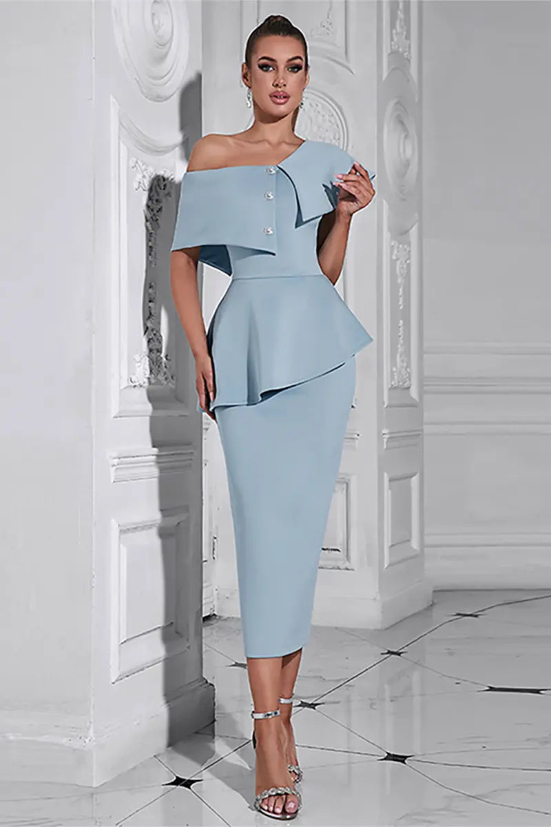 Blue Ruffled Off-Shoulder Dress