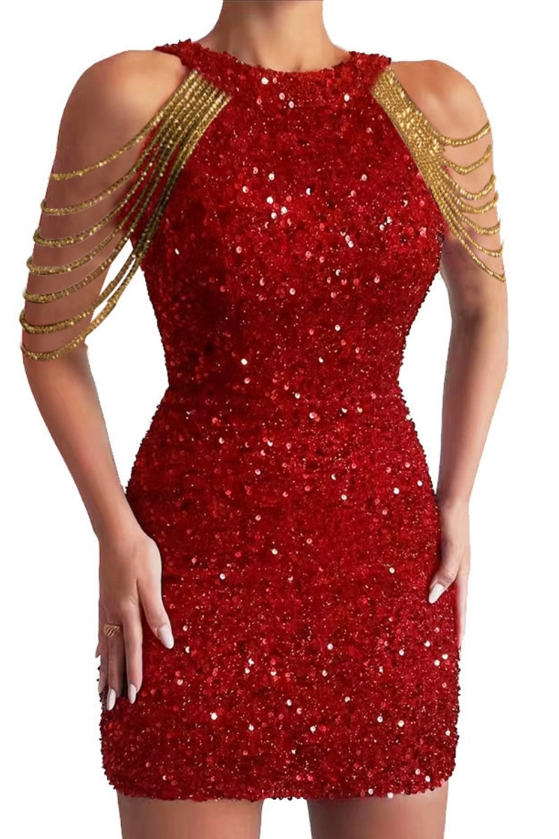 Crystal Chain Halter Sequin Gown