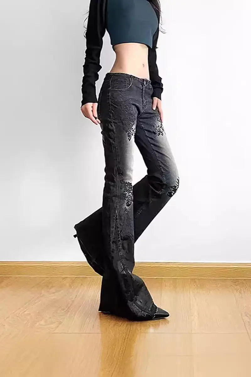 Vintage bloemen lage taille jeans
