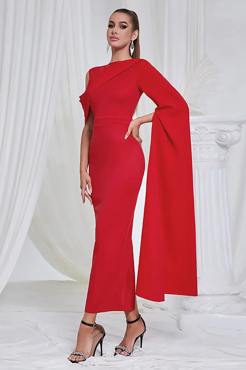 Asymmetrical Shoulder Slit Evening Dress