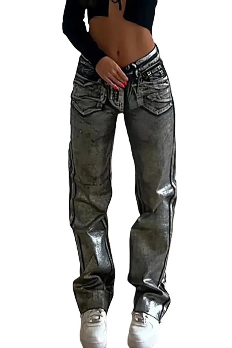 Metallic Accent Hoge Taille Jeans