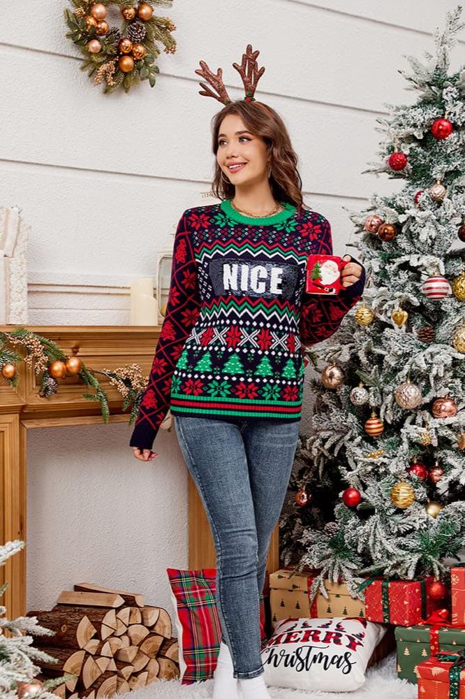 Pailletten geborduurde kerst jacquard gebreide trui