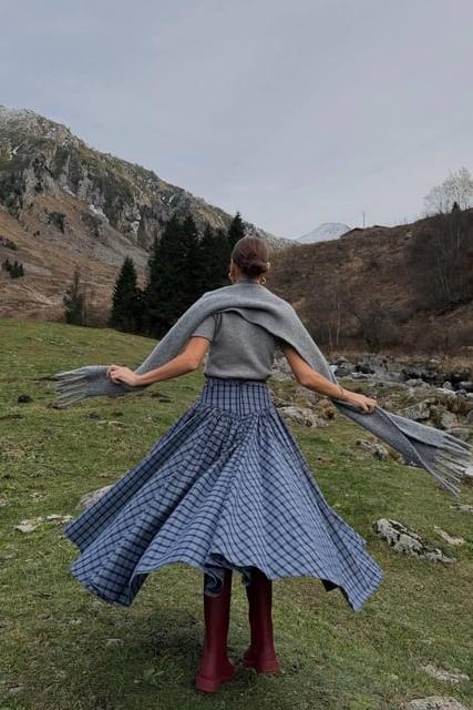 Navy Plaid High-Waist A-Line Skirt