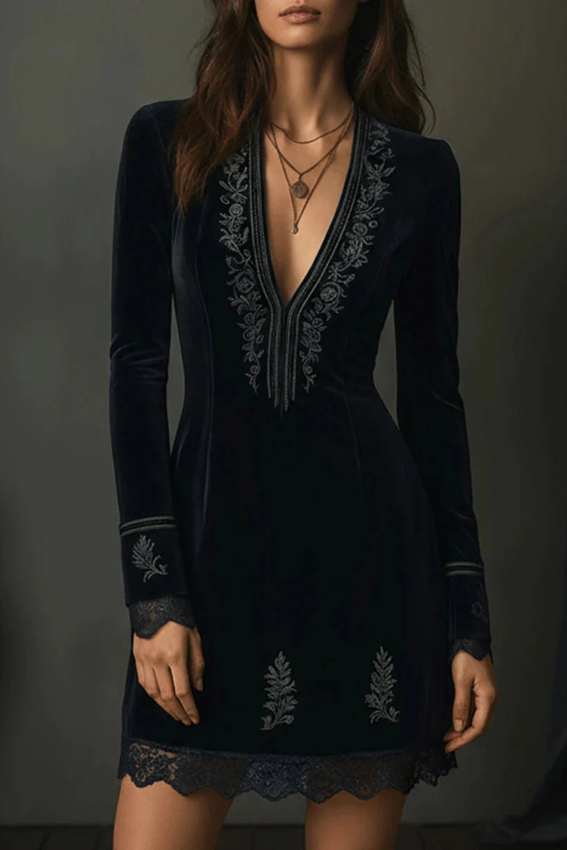 Retro Black Velvet Embroidered Lace Trim Mini Dress