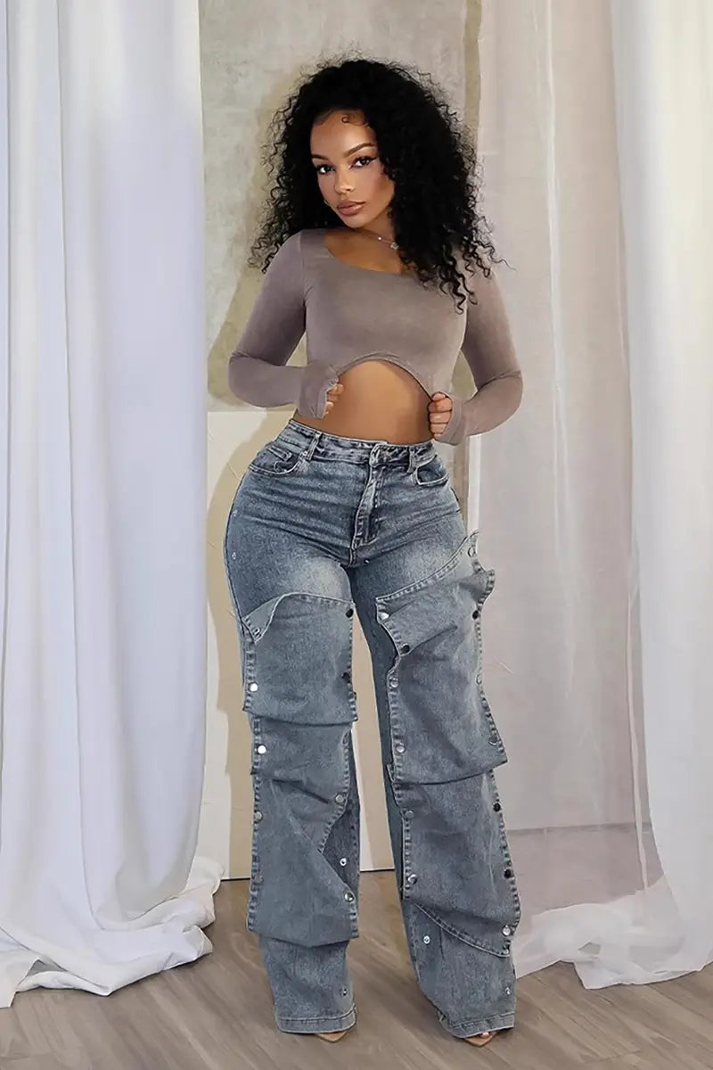 Fashion Button-Detail Loose Jeans